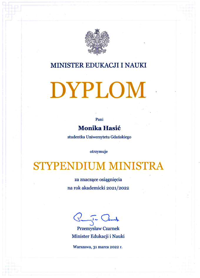 Dyplom Stypendium Ministra Edukacji i Nauki dla Moniki Hasić